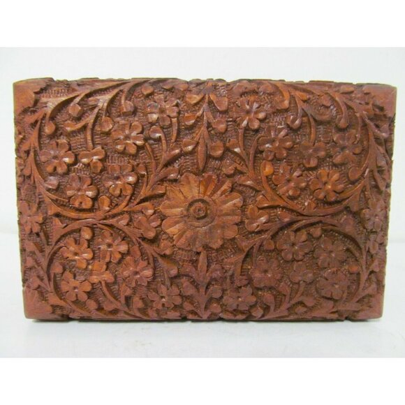 Vintage Wooden Spice Chest Sand Carved Decorated Tudor Roses Made in India - Picture 1 of 12